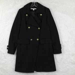 DKNY Black Double-Breasted Wool Pea Coat with Gold Buttons